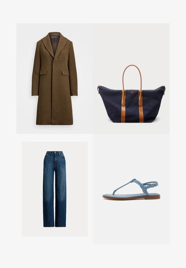 Pruun herringbone musteriga mantel, millel on nurgeline krae, ühe nupuga kinn closure ja kaks esist pocketit. Valmistatud struktuurse villase või sarnase kangaga.; Valge puuvillane T-särk lühikeste varrukatega, ümar kaelus, sobiv disain ja sile tekstuur. Logo silt kaeluses.; Avarii jalgadega teksad tumedas sinises värvitoonis. Omab kõrget vöökohta, nööbiga sulgemist ja klassikalist viit taskut. Sile tekstuur kergete plekkidega.; Sinine nahast sõrmsandaal, millel on lame tall ja õhuke rihmastruktuur, ning ankle-luku tõmblukk, mis tagab kindla sobivuse.; Tumesinise kanvasest duffel-kott, millel on pronksist nahk rihmad, lukuga sulgemine ja väike punane logo esiküljel, millel on lai ja avar disain.