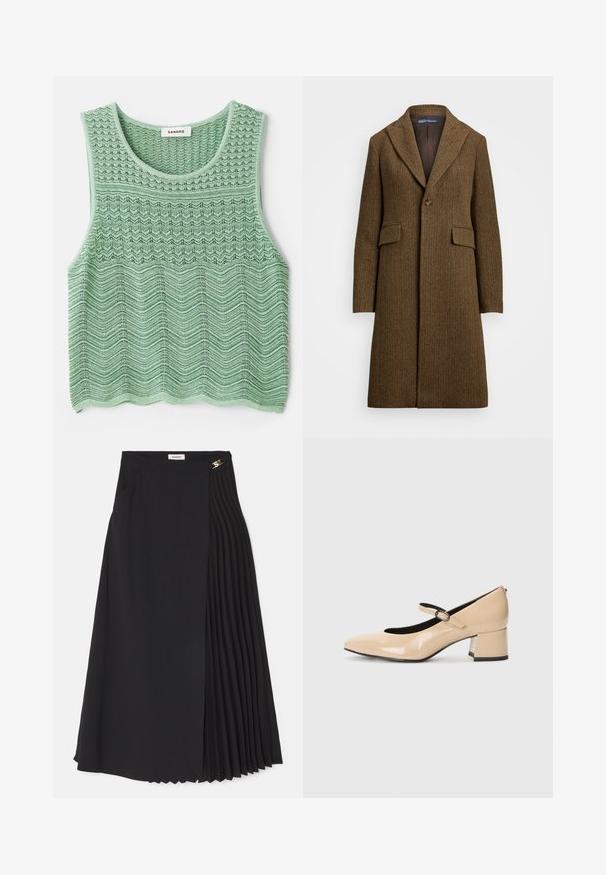 Cappotto marrone ad herringbone con rever a scialle, chiusura a un bottone e due tasche frontali. Realizzato in lana testurizzata o tessuto simile.; Top senza maniche di colore verde lavorato a maglia, con un motivo a onde testurizzato, caratterizzato da un scollo rotondo e orlo dritto. Etichetta: Sandro.; Gonna midi nera con design a pieghe su un lato, realizzata in tessuto leggero con zip nascosta e tasche laterali.; Scarpe Mary Jane in pelle verniciata beige con punta finta, cinturino con fibbia e tacco a blocco di altezza media. Texture liscia con finitura lucida.