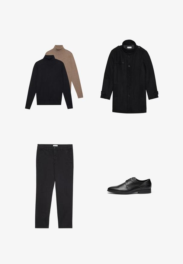 Svart ullfrakk med høy krage, knappet front, to sidelommer og knappeaksenter på ermene. Minimalistisk design og glatt tekstur.; To lange ermer turtleneck gensere, en i svart og en i lys brun, laget av myk strikket stoff med en tettsittende design og ribbestrikkede mansjetter.; Sorte bomullbukser med smal passform, med to sidelommer og knappelukking foran. Teksturert stoff med subtile detaljer.; Svart lærskinn dressko med glatt tekstur, rund tå og fire øye-lisse design. Har en lav blokkheel og broderte detaljer.