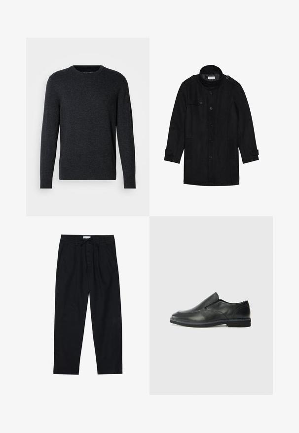 Schwarzer Wollmantel mit hohem Kragen, knöpfbarem Frontverschluss, zwei Seitentaschen und Knopfakzenten an den Ärmeln. Minimalistisches Design und glatte Textur.; Dunkelgrauer Strickpullover mit langen Ärmeln, Rundhalsausschnitt, gerippten Bündchen und Saum. Glatte Textur mit subtilen Farbnuancen. Keine ausgeprägten Muster.; Pier One Chino - black; Schwarze Leder-Slipper mit glattem Obermaterial, gesteppten Akzenten, runder Zehenpartie und niedrigem Gummiabsatz. Die Sohle hat ein minimales Profil.