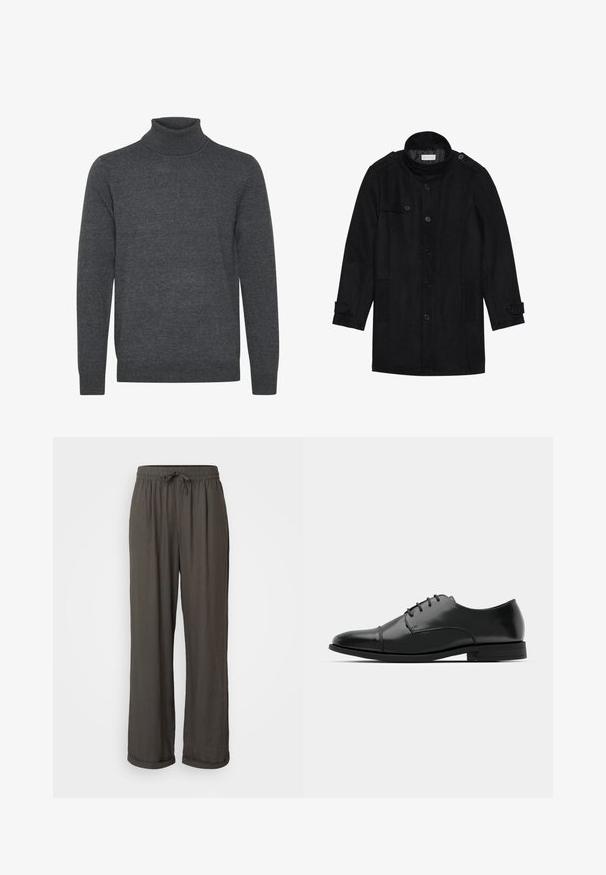 Schwarzer Wollmantel mit hohem Kragen, knöpfbarem Frontverschluss, zwei Seitentaschen und Knopfakzenten an den Ärmeln. Minimalistisches Design und glatte Textur.; Grauer Rollkragenpullover aus weichem Strickstoff. Er verfügt über einen gerippten Halsausschnitt und Bündchen, hat lange Ärmel und ein schlichtes, unauffälliges Design.; Dunkelgraue weit geschnittene Hose mit einem Zugbandsaum, gefertigt aus einem weichen, strukturierten Stoff, mit umgeschlagenen Bündchen an den Knöcheln.; Schwarzer Leder-Dieerschuh mit runder Zehenform, Schnürdesign, dezenten Nähdetails und niedrigem Absatz. Glatte Textur mit polierter Oberfläche.