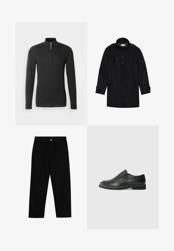 Schwarzer Wollmantel mit hohem Kragen, knöpfbarem Frontverschluss, zwei Seitentaschen und Knopfakzenten an den Ärmeln. Minimalistisches Design und glatte Textur.; Schwarzer gestrickter Pullover mit Viertel-Reißverschluss, langen Ärmeln, sowie geripptem Kragen und Bündchen. Schlichtes Design mit minimaler Textur und ohne Muster.; Schwarze Jeans mit geradem Schnitt, Fünf-Taschen-Design und einem vorderen Knopfverschluss. Glatte Textur mit minimalen Nähten.; Schwarze Leder-Slipper mit glattem Obermaterial, gesteppten Akzenten, runder Zehenpartie und niedrigem Gummiabsatz. Die Sohle hat ein minimales Profil.