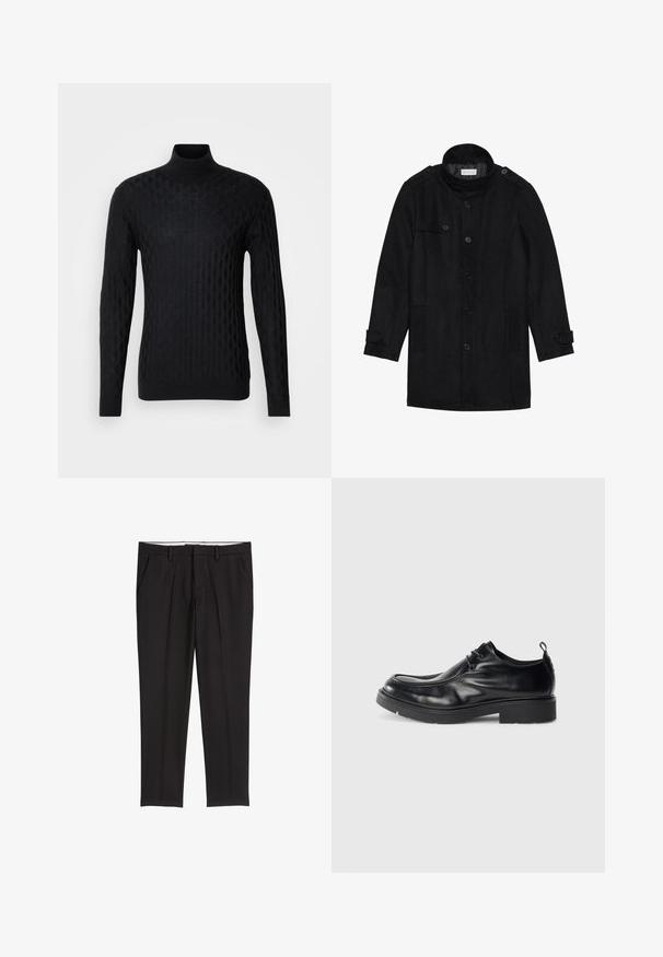 Zwarte wollen jas met een hoge kraag, knoopsluiting aan de voorkant, twee zijzakken en knoopaccenten op de mouwen. Minimalistisch ontwerp en een gladde textuur.; Zwarte coltrui met een gestructureerd ruitpatroon, gemaakt van breimateriaal, met lange mouwen en een aansluitende pasvorm.; Zwarte op maat gemaakte broek met een gladde textuur, voorzien van twee zijzakken, een platte voorkant en een klassieke tailleband.; Zwarte leren dresscode met ronde neus, vetersluiting aan de voorkant en een decoratieve naad. Beschikt over een dikke, gestructureerde rubberen zool en een hieltab.