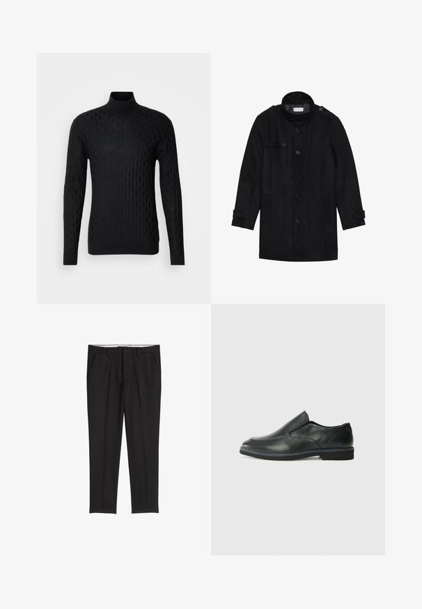 Schwarzer Wollmantel mit hohem Kragen, knöpfbarem Frontverschluss, zwei Seitentaschen und Knopfakzenten an den Ärmeln. Minimalistisches Design und glatte Textur.; Schwarzer Rollkragenpullover mit einem strukturierten Rautenmuster, aus Strickmaterial gefertigt, mit langen Ärmeln und einer taillierten Silhouette.; Schwarze, maßgeschneiderte Hose mit glatter Textur, ausgestattet mit zwei Seitentaschen, einer flachen Vorderseite und einem klassischen Bund.; Schwarze Leder-Slipper mit glattem Obermaterial, gesteppten Akzenten, runder Zehenpartie und niedrigem Gummiabsatz. Die Sohle hat ein minimales Profil.