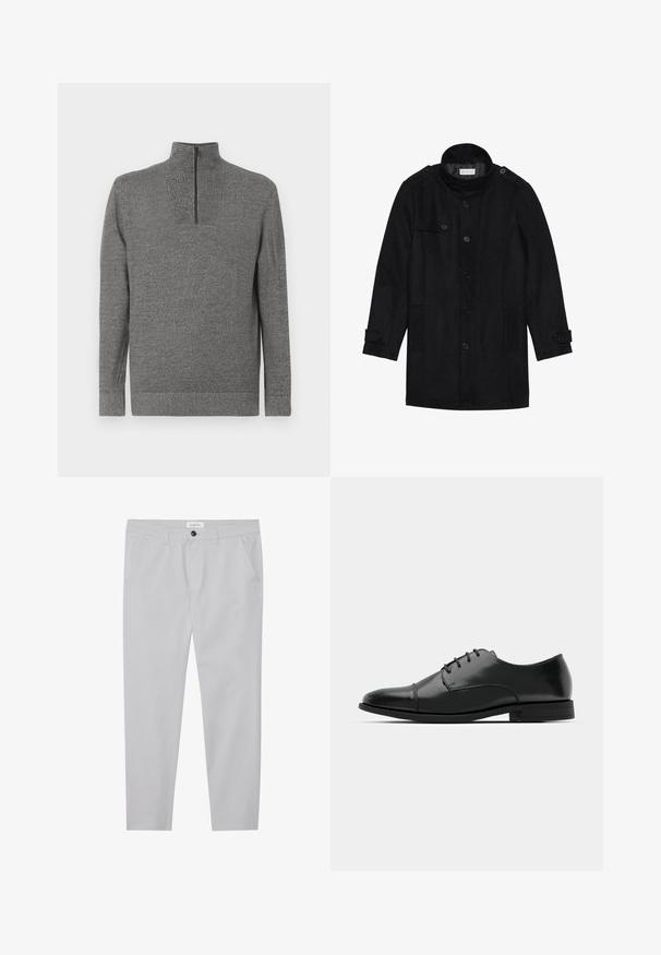 Svart ullfrakk med høy krage, knappet front, to sidelommer og knappeaksenter på ermene. Minimalistisk design og glatt tekstur.; Grå strikkegenser med lange ermer og en kvart glidelås i høy krage, vist flatt på en hvit bakgrunn.; Lys grå bukser laget av et mykt stoff, med en slank passform, to frontlommer, en knappelukking og subtil teksturdetalj.; Svart skinn dressko med avrundet tå, snøring, subtile sømdetaljer og lav hæl. Glatt tekstur med polert finish.