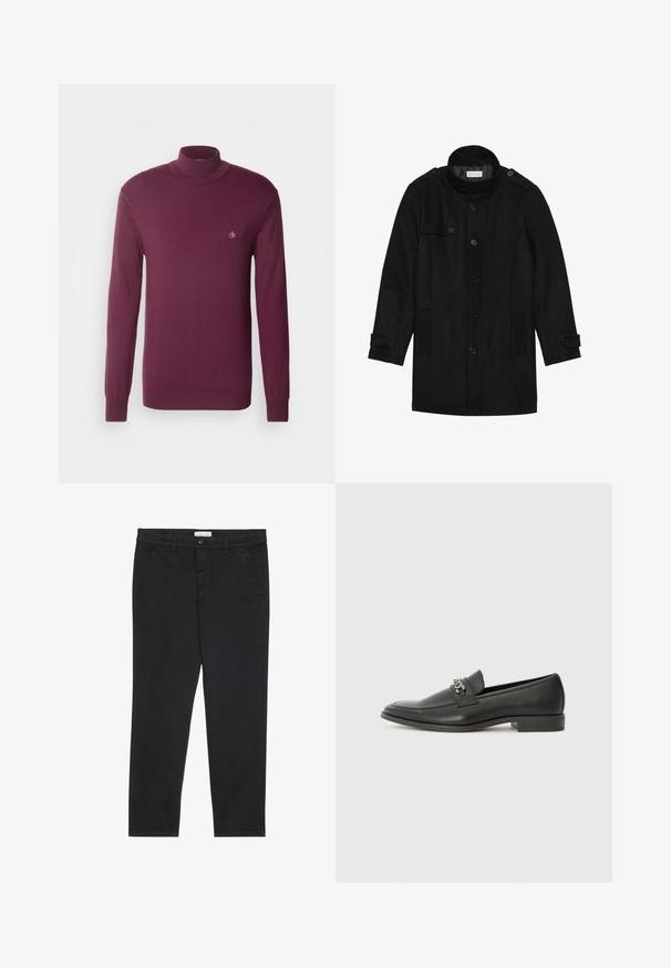 Schwarzer Wollmantel mit hohem Kragen, knöpfbarem Frontverschluss, zwei Seitentaschen und Knopfakzenten an den Ärmeln. Minimalistisches Design und glatte Textur.; Burgunderfarbener Rollkragenpullover aus weichem Stoff mit langen Ärmeln, gerippten Bündchen und einem kleinen Logo auf der Brust. Schlichtes und modernes Design.; Schwarze Baumwollhose im Slim-Fit-Stil mit zwei seitlichen Taschen und einem vorderen Knopfverschluss. Strukturierter Stoff mit subtilen Details.; Schwarzer Lederloafer mit glatter Oberfläche, ausgestattet mit einer gesteppten Gestaltung und einem dekorativen Metallkettendetail über dem Vorderblatt. Flacher Absatz.