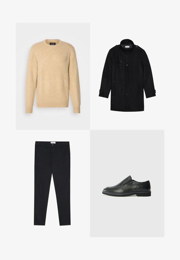 Schwarzer Wollmantel mit hohem Kragen, knöpfbarem Frontverschluss, zwei Seitentaschen und Knopfakzenten an den Ärmeln. Minimalistisches Design und glatte Textur.; Beiger Pullover aus weichem Material, mit Rundhalsausschnitt, langen Ärmeln sowie gerippten Bündchen und Saum.; Schwarze Hose mit geradem Bein, aus Baumwollstoff gefertigt. Sie verfügt über zwei Fronttaschen und einen Knopfverschluss an der Taille.; Schwarze Leder-Slipper mit glattem Obermaterial, gesteppten Akzenten, runder Zehenpartie und niedrigem Gummiabsatz. Die Sohle hat ein minimales Profil.