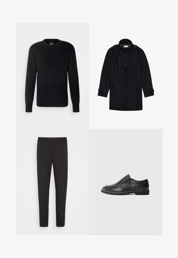Fekete gyapjú kabát magas gallérral, gombos elülső résszel, két oldalsó zsebbel és gombdíszítéssel az ujjakon. Minimalista dizájn és sima textúra.; Fekete kötött pulóver hosszú ujjal, kerek nyakkivágással, bordázott mandzsettákkal és szegéllyel, az alján pedig egy kis logó címke található a bal oldalon.; Fekete, testreszabott nadrág egyenes szabással, elülső zsebekkel és gombos zárással. Simasága miatt enyhén fényes anyagból készült.; Fekete bőr, slip-on cipő sima felsőrésszel, varrott díszítéssel, lekerekített orral és alacsony gumitalppal. A talpa minimális bordázattal rendelkezik.