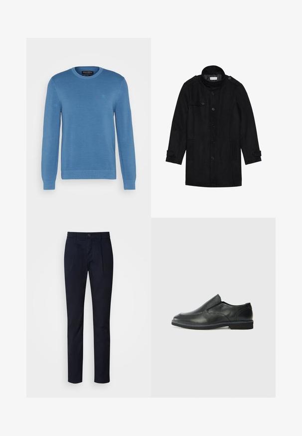 Schwarzer Wollmantel mit hohem Kragen, knöpfbarem Frontverschluss, zwei Seitentaschen und Knopfakzenten an den Ärmeln. Minimalistisches Design und glatte Textur.; Hellblauer, gestrickter Pullover mit rundem Ausschnitt, langen Ärmeln und strukturiertem Stoff. Mit kleinem Logo in der oberen linken Ecke.; Marineblaue Slim-Fit-Hosen mit Vorderfalten, Knopf- und Reißverschluss, Gürtelschlaufen und geraden Beinen.; Schwarze Leder-Slipper mit glattem Obermaterial, gesteppten Akzenten, runder Zehenpartie und niedrigem Gummiabsatz. Die Sohle hat ein minimales Profil.