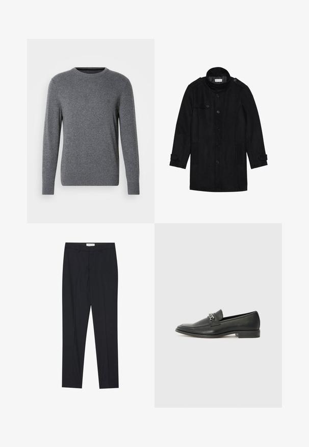 Zwarte wollen jas met een hoge kraag, knoopsluiting aan de voorkant, twee zijzakken en knoopaccenten op de mouwen. Minimalistisch ontwerp en een gladde textuur.; Grijze gebreide trui met een ronde halslijn en lange mouwen. Kenmerkt ribgebreide manchetten en zoom, een gladde textuur en een klein logo op de borst.; Zwarte op maat gemaakte broeken met een vlakke voorkant, reguliere pasvorm, gemaakt van een gladde stof, met persplooien en zijzakken.; Zwarte leren instapper met een gladde afwerking, voorzien van een gestikt ontwerp en een decoratieve metalen kettingaccent over de wreef. Platte hak.
