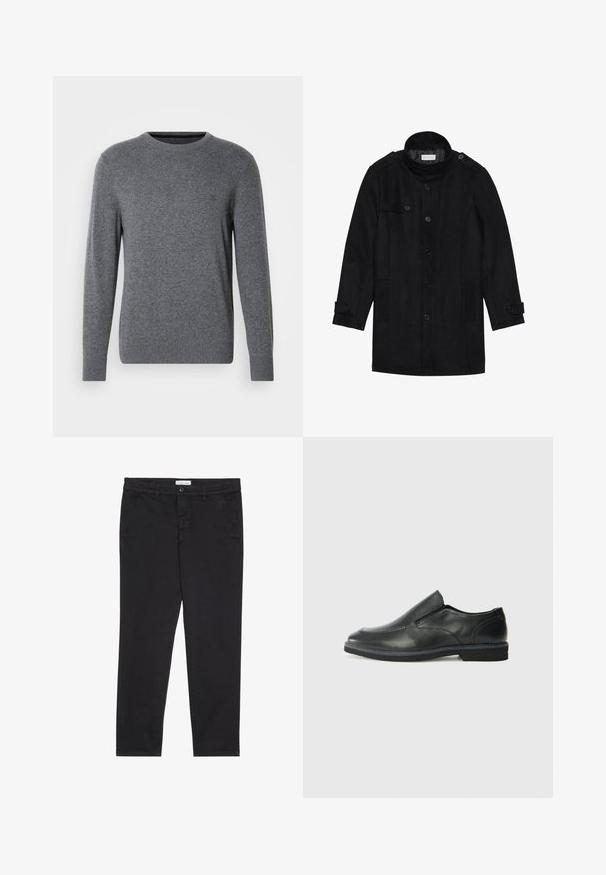 Manteau en laine noir avec un col haut, fermeture à boutons à l'avant, deux poches latérales et des accents de boutons sur les manches. Design minimaliste et texture lisse.; Pull en tricot gris avec un col rond et des manches longues. Il présente des poignets et un ourlet côtelés, une texture lisse et un petit logo sur la poitrine.; Pantalon en coton noir à coupe slim, avec deux poches latérales et une fermeture à bouton à l'avant. Tissu texturé avec des détails subtils.; Chaussure slip-on en cuir noir avec une tige lisse, des accents cousus, un bout arrondi et un petit talon en caoutchouc. La semelle présente un profil de traction minimal.