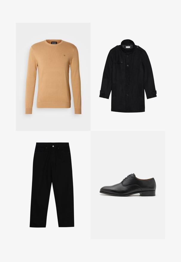 Črn volnen plašč z visokim ovratnikom, gumbom spredaj, dvema stranskima žepoma in gumbnimi akcenti na rokavih. Minimalistična zasnova in gladka tekstura.; Bež pulover s krojem na ovratniku, izdelan iz mehkega pletenega materiala, z dolgimi rokavi in majhnim vezenim logotipom na prsih.; Črne denim hlače z ravnim krojem, petimi žepi in sprednjim gumbom. Gladka tekstura z minimalnimi šivi.; Črne usnjene oblečne čevlje z gladkim finišem, koničastim prstom in dizajnom z šestimi luknjami za vezalke, ki ima nizko peto in subtilne šivane detajle.