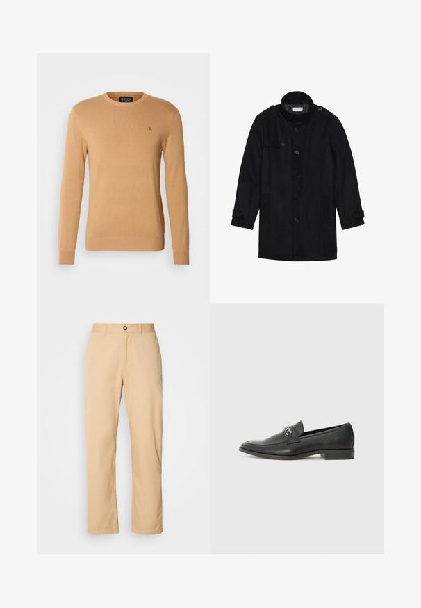 Crni vuneni kaput s visokim ovratnikom, dugmadi sprijeda, dva bočna džepa i dugmad na rukavima. Minimalistički dizajn i glatka tekstura.; Bež pulover s okruglim izrezom, izrađen od mekog pletiva, s dugim rukavima i malim logotipom izvezenim na prsima.; Kaki donji dijelovi od pamuka s ravnim nogavicama, s prednjim kopčanjem na dugme i petljama za remen. Glatka tekstura i ravna površina.; Crna kožna loafer cipela s glatkom finišem, s ušivenim uzorkom i dekorativnim metalnim lancem preko prednjeg dijela. Ravni potplat.