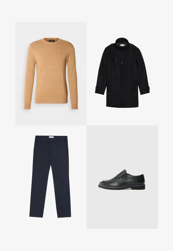 Črn volnen plašč z visokim ovratnikom, gumbom spredaj, dvema stranskima žepoma in gumbnimi akcenti na rokavih. Minimalistična zasnova in gladka tekstura.; Bež pulover s krojem na ovratniku, izdelan iz mehkega pletenega materiala, z dolgimi rokavi in majhnim vezenim logotipom na prsih.; Mornarsko modri chino hlače iz bombaža z gladko teksturo, z zadrgo, pasom za pas in stranskimi žepi za funkcionalnost.; Črne usnjene natikače z gladkim zgornjim delom, prišitimi detajli, zaobljenim nosom in nizkim gumijastim petkom. Podplat ima minimalen profil.