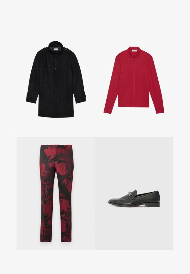 Palton negru din lână cu guler înalt, închidere prin butoane, două buzunare laterale și detalii cu butoane pe mâneci. Design minimalist și textură netedă.; Cămașă roșie cu mânecă lungă, fabricată din bumbac. Prezintă un guler clasic, nasturi pe față și manșete cu o textură fină. Fără modele sau accente.; Pantaloni negri cu un model floral în roșu închis, cu o textură netedă și o croială ajustată. Talie standard și design cu picior drept.; Pantofii negri din piele cu un finisaj neted, având un design cusut și un accent decorativ de lanț metalic peste partea de sus. Toc plat.