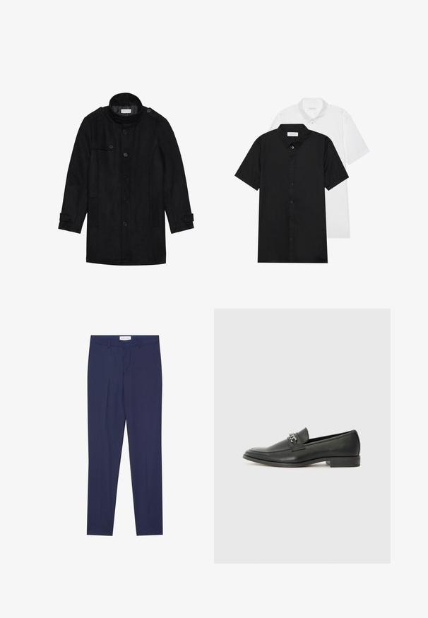 Melna vilnas mēteli ar augstu apkakli, ar pogām aizdara priekšpusi, divām sānu kabatām un pogu akcentiem uz piedurknēm. Minimālistisks dizains un gluda tekstūra.; Divi īsās piedurknēs krekli ar apkaklēm, viens melns un viens balts. Abiem ir pogājama priekša un gluda, viegla auduma.; Jūras spēku piedurknes bikses, kas izgatavotas no gludas auduma, ar plakanu priekšpusi, divām sānu kabatām, rāvējslēdzēju un tīru apakšmalu bez rakstiem vai akcentiem.; Melna ādas loafer izmēra apavi ar gludu virsmu, piedāvā ar šūtu dizainu un dekoratīvu metāla ķēdes akcentu pār vampu. Plakana papēža daļa.