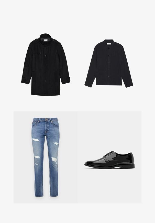 Svart ullfrakk med høy krage, knappet front, to sidelommer og knappeaksenter på ermene. Minimalistisk design og glatt tekstur.; Svart langermet skjorte med knappelukking, krage, to frontlommer og en teksturert stofffinish.; Blå denimjeans med en lett falmet finish, med flere slitte hull og rett ben-design. Knapplukking i livet.; Svart lakkskinn dressko med rund tå, snøring og glatt, blank overflate. Den har en lav, gummisåle.