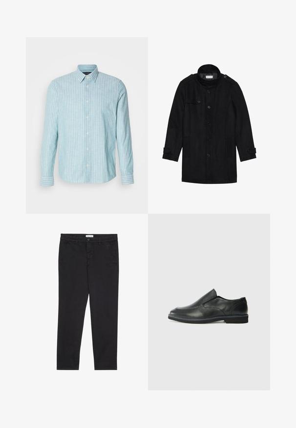 Svart ullfrakk med høy krage, knappet front, to sidelommer og knappeaksenter på ermene. Minimalistisk design og glatt tekstur.; Lys blå langermet skjorte med hvite vertikale striper, med klassisk krage og knappelukking. Myk tekstur, avslappet design.; Sorte bomullbukser med smal passform, med to sidelommer og knappelukking foran. Teksturert stoff med subtile detaljer.; Sorte skinn slip-on sko med en jevn overflate, stikking detaljer, rund tå og en lav gummihæl. Sålen har minimal mønstring.