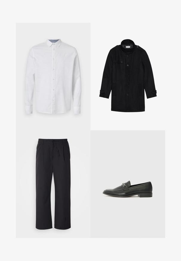 Cappotto in lana nera con colletto alto, chiusura frontale con bottoni, due tasche laterali e dettagli con bottoni sulle maniche. Design minimalista e texture liscia.; Camicia bianca a maniche lunghe in tessuto leggero con chiusura a bottoni, colletto e una leggera texture. Include un dettaglio di contrasto all'interno del colletto.; Pantaloni a gamba larga in tessuto nero strutturato con vita regolabile, dotati di due tasche frontali e un design a taglio dritto.; Mocassino in pelle nera con finitura liscia, caratterizzato da un design cucito e da un accento decorativo in catena metallica sul vamp. Tacco piatto.