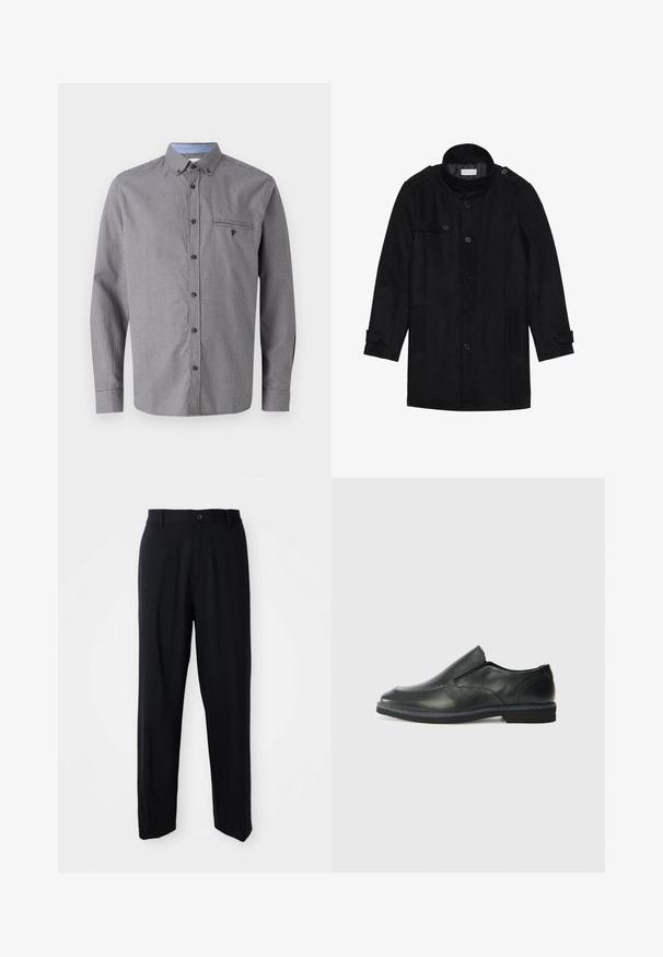Fekete gyapjú kabát magas gallérral, gombos elülső résszel, két oldalsó zsebbel és gombdíszítéssel az ujjakon. Minimalista dizájn és sima textúra.; Szürke kockás ing hosszú ujjakkal, gomblenyomott gallérral, mellsz zsebből és kontrasztos világoskék belső gallérral. Barna gombokkal rendelkezik.; Fekete, egyenes szárú nadrág övhurkokkal, gombos záródással és letisztult, minimalista dizájnnal, semleges háttér előtt.; Fekete bőr, slip-on cipő sima felsőrésszel, varrott díszítéssel, lekerekített orral és alacsony gumitalppal. A talpa minimális bordázattal rendelkezik.