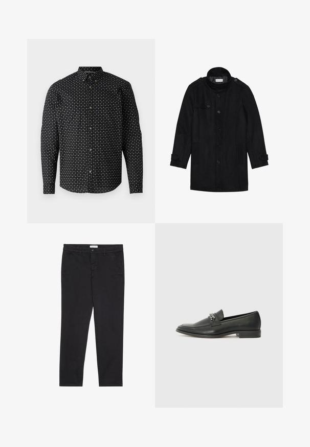 Must musternahk, millel on kõrge krae, nööpidega esiosa, kaks küljetaskut ja nööpdetailid varrukatel. Minimalistlik disain ja sile tekstuur.; Mustast nupust särgist, millel on valgete ristide mustriga disain. Särgil on pikad varrukad, krae ja kuldse tooni nööbid.; Mustad puuvillased püksid kitsas lõikes, millel on kaks külgtaskut ja ees klõpsuga kinnitamine. Tekstuuriga kangas, millel on peened detailid.; Must haveate nahkking punased, millel on sile viimistlus, tikitud muster ja dekoratiivne metallkett vampi üle. Tasane konts.