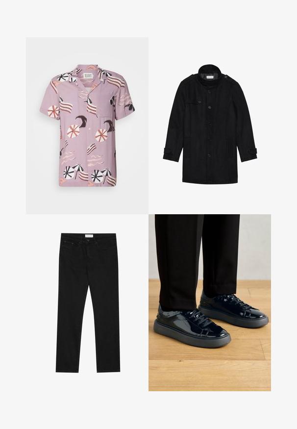 Svart ullfrakk med høy krage, knappet front, to sidelommer og knappeaksenter på ermene. Minimalistisk design og glatt tekstur.; Kortermet, lavendel skjorte med et strandtema-motiv som inkluderer parasoller, bølger og stripete detaljer. Inkluderer brystlomme og knappelukking foran.; Svarte jeans med rette ben, fem lommer, knapp og glidelås-lukking, og et Pier One-merkelapp på midjen.; Sorte patentlæder sneakers med en tekstureret gummisål, rund tå og matchende sorte snørebånd, parret med sorte bukser på et trægulv.