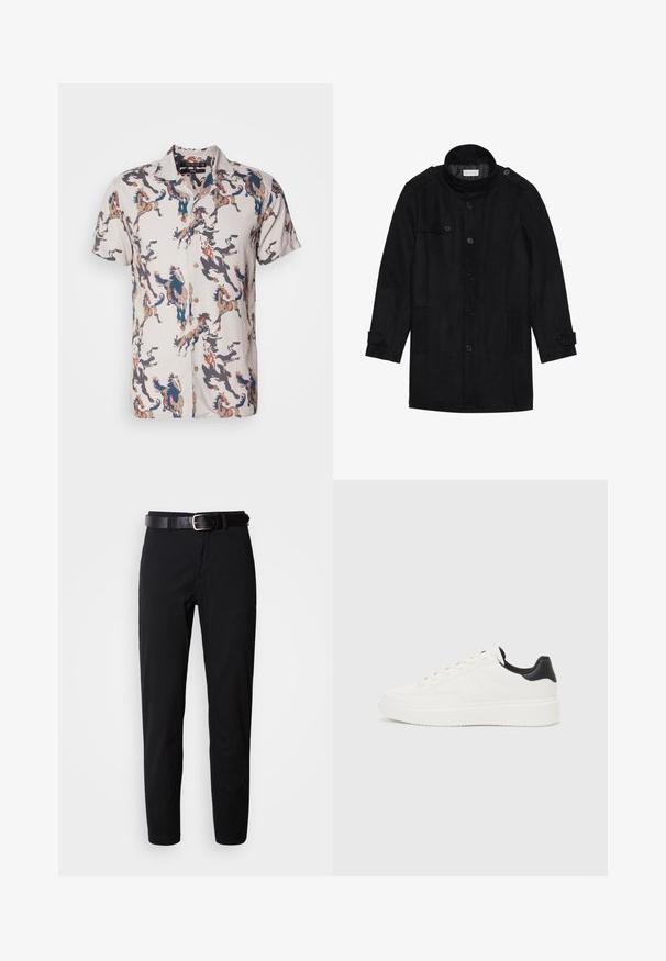 Fekete gyapjú kabát magas gallérral, gombos elülső résszel, két oldalsó zsebbel és gombdíszítéssel az ujjakon. Minimalista dizájn és sima textúra.; Rövid ujjú ing könnyű anyagból, bézs alappal, kék, barna és fekete tónusú színes ló mintákkal. Gombos elülső rész.; Fekete, egyenes szabású nadrág sima textúrával, fekete bőr öv ezüst csattal. Egyszerű dizájn, minta vagy díszítés nélkül.; Fehér bőr sportcipő, dombornyomott mintával, texturált fehér középtalppal és fekete sarokbetéttel. Kerek orrú és lapos fűzőkkel rendelkezik.