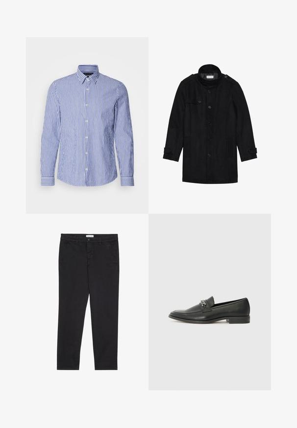 Černý vlněný kabát s vysokým límcem, zapínáním na knoflíky vpředu, dvěma bočními kapsami a knoflíkovými detaily na rukávech. Minimalistický design a hladká textura.; Modrá a bílá pruhovaná košile s dlouhým rukávem na knoflíky vyrobená z tkané bavlny, s klasickým límcem a zakulaceným lemem. Obsahuje perlové knoflíky.; Černé bavlněné kalhoty s úzkým střihem, které mají dvě boční kapsy a přední zapínání na knoflík. Texturovaná tkanina s jemnými detaily.; Černé kožené mokasíny s hladkým povrchem, s prošívaným designem a dekoračním kovovým řetízkem přes nárt. Plochý podpatek.