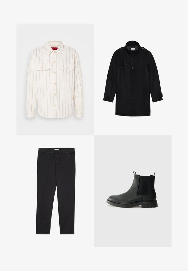 Must musternahk, millel on kõrge krae, nööpidega esiosa, kaks küljetaskut ja nööpdetailid varrukatel. Minimalistlik disain ja sile tekstuur.; Valge särgile sarnane jakki, millel on pruunid vertikaalsed triibud, kaks rinna taskut ja nööpidega kinnitamine. Omab klassikalist kraed ja mansettidega varrukaid.; Mustad puuvillased püksid kitsas lõikes, millel on kaks külgtaskut ja ees klõpsuga kinnitamine. Tekstuuriga kangas, millel on peened detailid.; Mustad mustad Chelsea saapad elastsete külgpaneelidega, tõmbevalmidus, ümara ninaga ja tekstureeritud kummitald. Sile pind ja vastupidav disain.