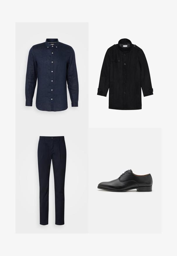 Juodas vilnonis paltas su aukštu apykakle, užsegamas priekyje, turi dvi šonines kišenes ir mygtukų akcentus rankovėse. Minimalistinio dizaino ir sklandžios tekstūros.; Tamsiai mėlynas ilgo rankovių marškinys, pagamintas iš lino, su mygtukiniais apykaklėmis, šešiais mygtukais priekyje ir šiek tiek išlenktu hemu.; Tamsiai mėlynos slim fit kelnes su priekinėmis raukšlėmis, mygtuko ir užtrauktuko uždarymu, diržo kilpelėmis ir tiesiomis kojomis.; Juodai odiniai suknelės batai su lygiu paviršiumi, smailiu pirštu ir šešių akių raištelių dizainu, turintys žemą kulną ir subtilių siuvinėjimų akcentus.