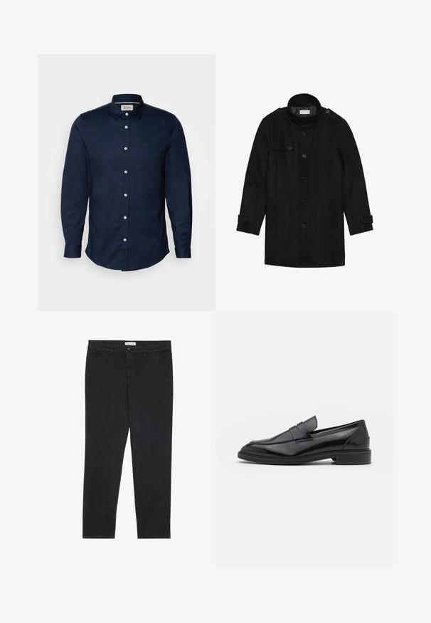 Abrigo de lana negro con cuello alto, frente abotonado, dos bolsillos laterales y detalles de botones en las mangas. Diseño minimalista y textura suave.; Camisa de botones azul marino hecha de algodón, con un logo discreto, mangas largas y un cuello clásico. Los botones blancos contrastan con la tela.; Pantalones de algodón negro con corte slim, que presentan dos bolsillos laterales y un cierre frontal con botón. Tejido texturizado con detalles sutiles.; Mocasines de cuero negro con un acabado suave, que presentan una punta redondeada y una banda estrecha en la parte superior. Tacón bajo apilado.