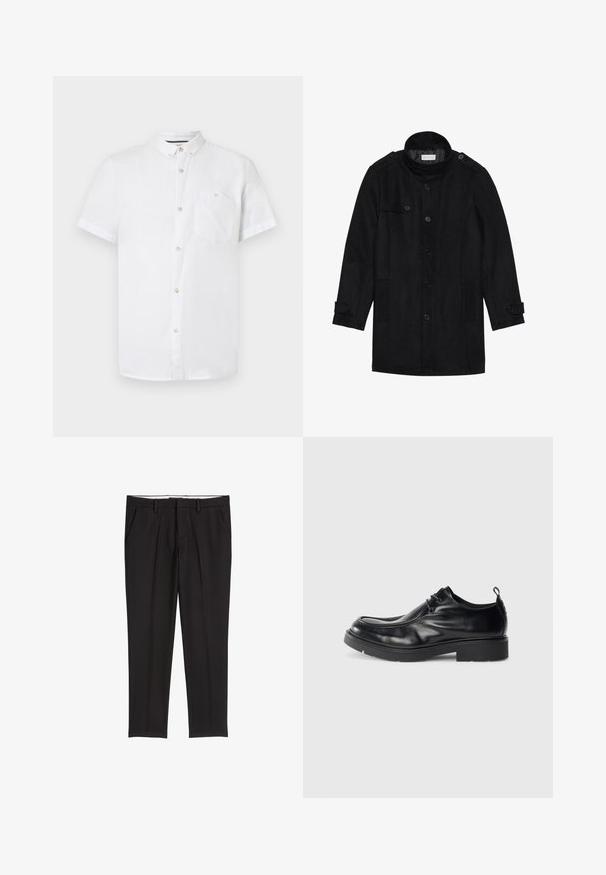 Zwarte wollen jas met een hoge kraag, knoopsluiting aan de voorkant, twee zijzakken en knoopaccenten op de mouwen. Minimalistisch ontwerp en een gladde textuur.; Wit katoenen overhemd met korte mouwen, voorzien van een button-down kraag, een voorzak en houten knoopdetails. Soepele textuur.; Zwarte op maat gemaakte broek met een gladde textuur, voorzien van twee zijzakken, een platte voorkant en een klassieke tailleband.; Zwarte leren dresscode met ronde neus, vetersluiting aan de voorkant en een decoratieve naad. Beschikt over een dikke, gestructureerde rubberen zool en een hieltab.
