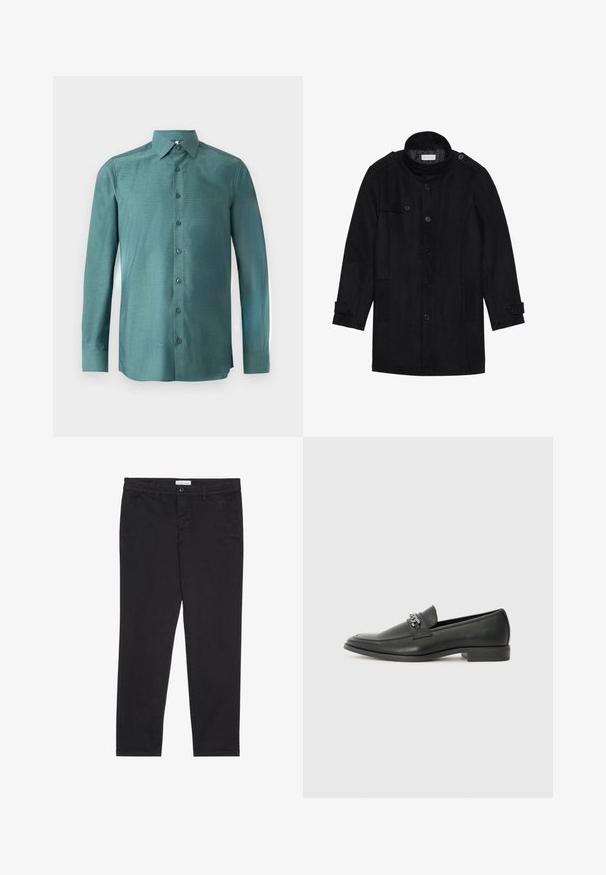 Svart ullfrakk med høy krage, knappet front, to sidelommer og knappeaksenter på ermene. Minimalistisk design og glatt tekstur.; Langermet skjorte i teal stoff med en teksturert veving, knapplukking foran, spiss krage og matchende knapper. Litt figursydd design.; Sorte bomullbukser med smal passform, med to sidelommer og knappelukking foran. Teksturert stoff med subtile detaljer.; Sorte skinnloafers med en glatt finish, og med en sydd design og en dekorativ metallkjedeakcent over foten. Flat hæl.