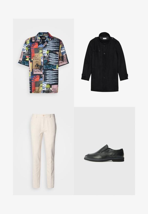 Juodas vilnonis paltas su aukštu apykakle, užsegamas priekyje, turi dvi šonines kišenes ir mygtukų akcentus rankovėse. Minimalistinio dizaino ir sklandžios tekstūros.; Trumpas rankovės marškiniai su tamsiai mėlynu pagrindu ir ryškiomis abstrakčiomis raštų spalvomis: raudona, žalia, rožinė ir mėlyna. Medžiaga atrodo lengva ir spalvinga.; Šviesiai beige spalvos, prigludę kelnių modeliai, pagaminti iš minkštos medžiagos. Turi mygtuko užsegimą, diržo kilpas ir ploną, tiesią kojų liniją su minimaliu tekstūros akcentu.; Juodai odiniai įtvirtinimo batai su lygiu paviršiumi, siuvinėjimo akcentais, apvalia nosimi ir žemu guminiu kulnu. Pado raštas minimalus.