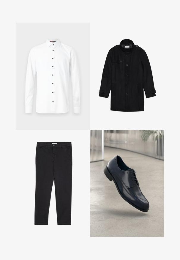 Svart ullfrakk med høy krage, knappet front, to sidelommer og knappeaksenter på ermene. Minimalistisk design og glatt tekstur.; Hvit langermet skjorte med krage med knapper, som har svarte knapper og en glatt tekstur. Ingen mønstre eller grafikk synlig.; Sorte bomullbukser med smal passform, med to sidelommer og knappelukking foran. Teksturert stoff med subtile detaljer.; Glans svart lærdressko med snørebånd, svevende over et glatt, lyst grått gulv med vertikale metallstenger i bakgrunnen.
