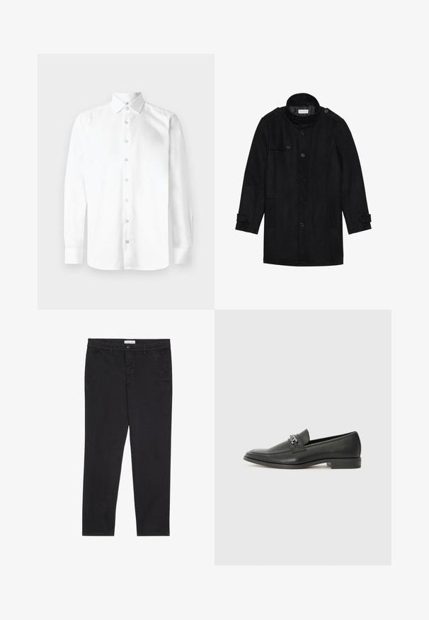 Cappotto in lana nera con colletto alto, chiusura frontale con bottoni, due tasche laterali e dettagli con bottoni sulle maniche. Design minimalista e texture liscia.; Camicia bianca a maniche lunghe con colletto a punta, apertura frontale con bottoni e polsini con un bottone. Tessuto uniforme e liscio senza motivi o decorazioni.; Pantaloni neri in cotone con vestibilità slim, dotati di due tasche laterali e chiusura anteriore con bottone. Tessuto testurizzato con dettagli sottili.; Mocassino in pelle nera con finitura liscia, caratterizzato da un design cucito e da un accento decorativo in catena metallica sul vamp. Tacco piatto.