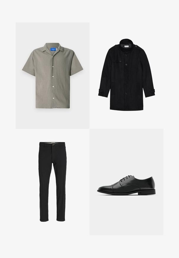 Črn volnen plašč z visokim ovratnikom, gumbom spredaj, dvema stranskima žepoma in gumbnimi akcenti na rokavih. Minimalistična zasnova in gladka tekstura.; Kratka majica s kratkimi rokavi v olivno zeleni barvi z teksturirano površino, ki vključuje ovratnik in sprednje zapiranje na gumb. Vsebuje svetle gumbe.; Črne bombažne hlače iz mešanice tkanin, ožjega kroja, z gumbom za zapiranje, žepi in zavihanimi robovi za sproščen videz.; Črne usnjene moške čevlje z zaobljenim nosom, s sistemom vezalk, diskretnimi šivi in nizkih petah. Gladka tekstura s sijočim zaključkom.