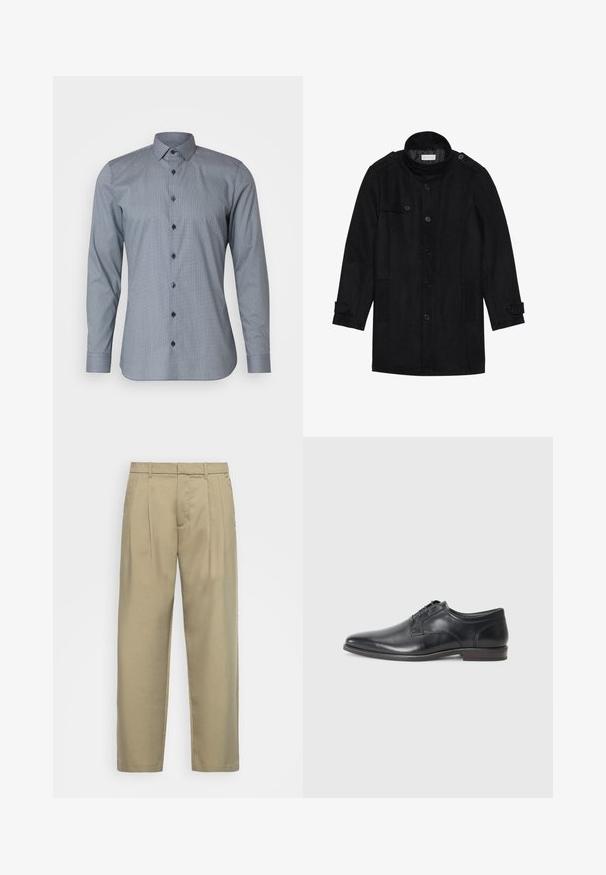 Zwarte wollen jas met een hoge kraag, knoopsluiting aan de voorkant, twee zijzakken en knoopaccenten op de mouwen. Minimalistisch ontwerp en een gladde textuur.; OLYMP No. Six Overhemd - marine; Beige, hoge taille broek met een rechte snit, voorzien van een platte voorkant, zijzakken en een gladde, gestructureerde stof.; Zwarte leren dresschoenen met een spitse neus, lage hak en vetersluiting met vijf oogjes. Bevat een gladde textuur en minimale stikseldetails.