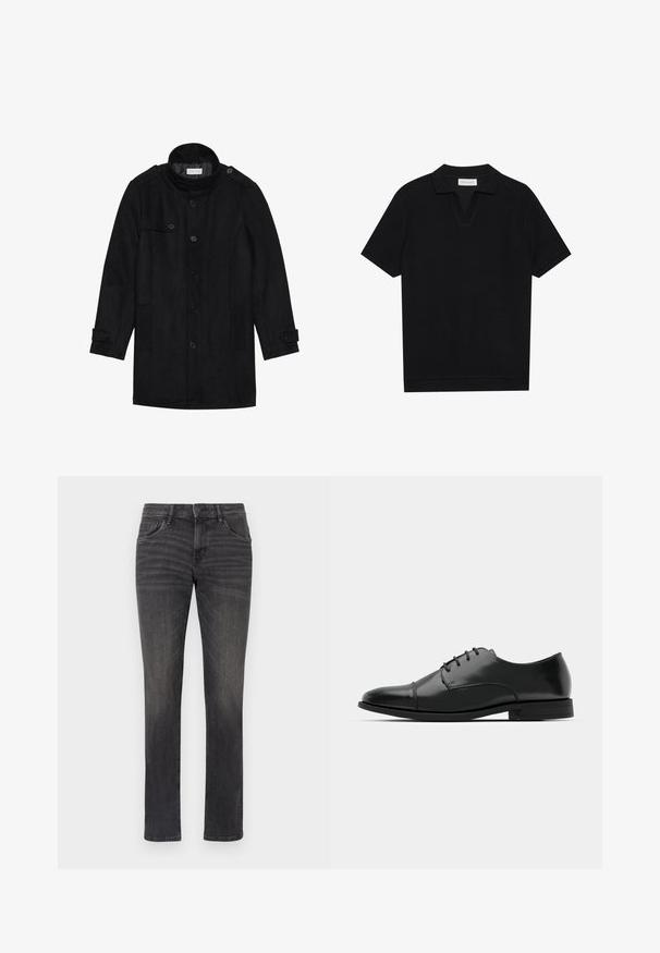 Juodas vilnonis paltas su aukštu apykakle, užsegamas priekyje, turi dvi šonines kišenes ir mygtukų akcentus rankovėse. Minimalistinio dizaino ir sklandžios tekstūros.; Juodas trumpas rankovėmis polo marškinėliai su tekstūruota, grioveliais audiniu, turi V formos iškirptę ir tiesų apačią. Nėra matomų logotipų ar raštų.; Pilkos džinsų kelnės su tiesiu prisiuvimu, penkių kišenių dizainu ir subtiliais įlenkimais priekyje. Savybė – užsegimas mygtuku ir diržo kilpos.; Juodas odinis džinsinis batų modelis su apvaliu galiuku, raišteliu ir subtiliomis siūlėmis, taip pat žemu kulnu. Lygus pavirčius su blizgiu apdaila.
