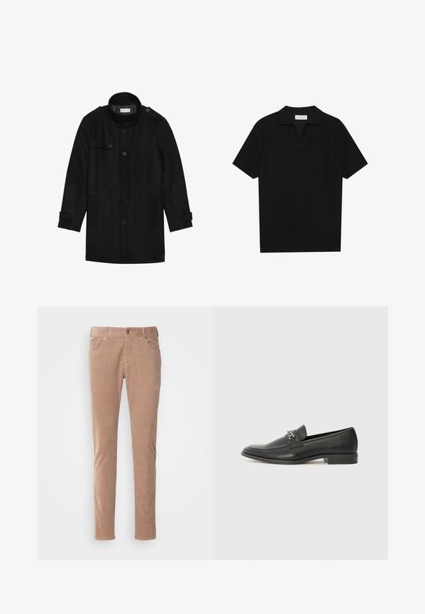 Schwarzer Wollmantel mit hohem Kragen, knöpfbarem Frontverschluss, zwei Seitentaschen und Knopfakzenten an den Ärmeln. Minimalistisches Design und glatte Textur.; Schwarzes Kurzarm-Polohemd aus texturiertem, geripptem Stoff, mit einem V-Ausschnitt und geradem Saum. Keine sichtbaren Logos oder Muster.; Hellbraune Cordhosen mit geradem Bein, ausgestattet mit zwei Fronttaschen, einem Knopfverschluss und einer weichen Ripptextur.; Schwarzer Lederloafer mit glatter Oberfläche, ausgestattet mit einer gesteppten Gestaltung und einem dekorativen Metallkettendetail über dem Vorderblatt. Flacher Absatz.