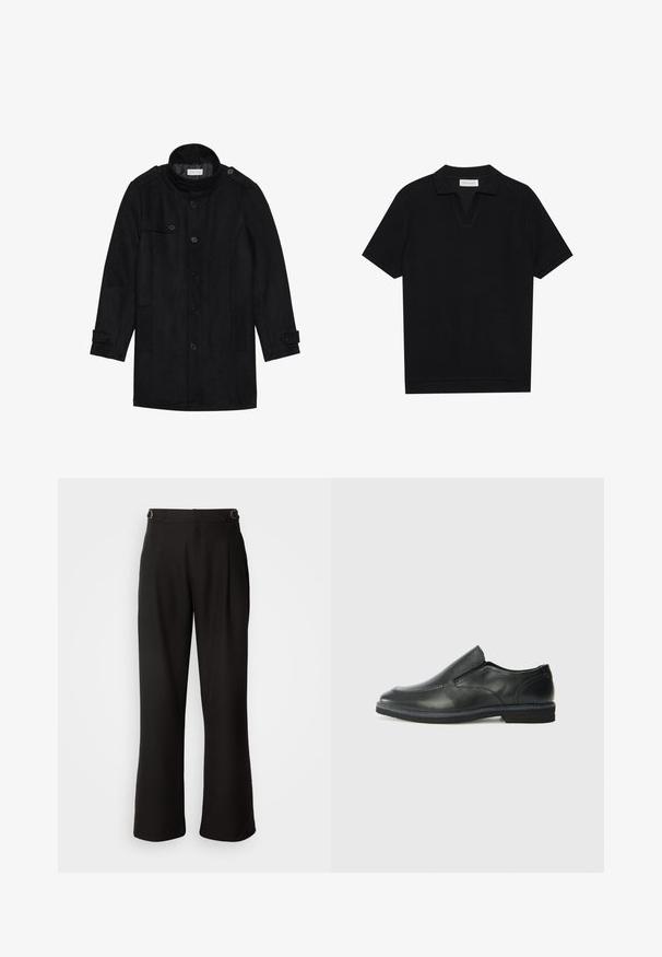 Černý vlněný kabát s vysokým límcem, zapínáním na knoflíky vpředu, dvěma bočními kapsami a knoflíkovými detaily na rukávech. Minimalistický design a hladká textura.; Černé polo tričko s krátkým rukávem vyrobené z texturované pleteniny, které má lodičkový výstřih a rovný lem. Žádné viditelné logo ani vzory.; Heathe ALTO TROUSERS - Kalhoty - black; Černá kožená nazouvací bota s hladkým svrškem, prošívanými detaily, zaoblenou špičkou a nízkým gumovým podpatkem. Podešev má minimální vzorek.