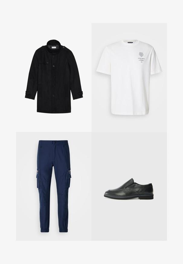 Black wool coat with a high collar, buttoned front, two side pockets, and button accents on sleeves. Minimalist design and smooth texture.; White cotton t-shirt with a round neckline, short sleeves, and a printed logo and text design on the front in gray.; Navy cargo pants made from lightweight fabric, featuring side pockets, elastic cuffs, and a zippered pocket detail.; Black leather slip-on shoe with a smooth upper, stitched accents, rounded toe, and a low rubber heel. Sole features minimal tread.