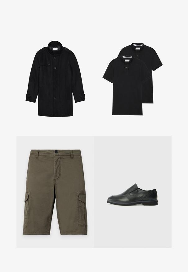 Schwarzer Wollmantel mit hohem Kragen, knöpfbarem Frontverschluss, zwei Seitentaschen und Knopfakzenten an den Ärmeln. Minimalistisches Design und glatte Textur.; Zwei schwarze Polohemden, kurzärmlig, aus Baumwolle, mit einem klassischen Kragen, zwei Knöpfen und weißen Streifenakzenten im Inneren des Kragens.; Olivgrüne Cargo-Shorts aus strukturiertem Stoff mit zwei Seitentaschen und einem vorderen Knopfverschluss. Mittellang mit geradem Schnitt.; Schwarze Leder-Slipper mit glattem Obermaterial, gesteppten Akzenten, runder Zehenpartie und niedrigem Gummiabsatz. Die Sohle hat ein minimales Profil.