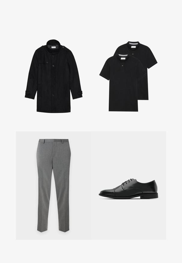 Črn volnen plašč z visokim ovratnikom, gumbom spredaj, dvema stranskima žepoma in gumbnimi akcenti na rokavih. Minimalistična zasnova in gladka tekstura.; Dve črne polo majice, kratke rokave, iz bombažnega materiala, z klasik ovratnikom, dvobodno zaponko in belimi črtkami znotraj ovratnika.; Sive prirejene hlače z drobnim ribjim vzorcem, ravnega kroja in z zankami za pas. Imajo potiskane gubice za urejen videz.; Črne usnjene moške čevlje z zaobljenim nosom, s sistemom vezalk, diskretnimi šivi in nizkih petah. Gladka tekstura s sijočim zaključkom.