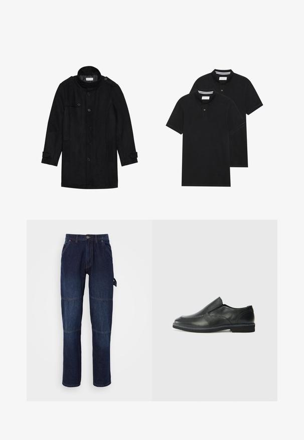Must musternahk, millel on kõrge krae, nööpidega esiosa, kaks küljetaskut ja nööpdetailid varrukatel. Minimalistlik disain ja sile tekstuur.; Kaks musta polo särki, lühikeste varrukatega, puuvillane materjal, klassikalise kraega, kahe nupuga kinnitusega, valgete triipudega krae sisepinnal.; Tumed sinine denimpüksid sirge sääre lõikega, millel on kaks esist taskut, nähtav õmblus ja külgkleebis funktsionaalse detailina.; Must musta laia suuga king, millel on sile ülemine osa, õmmeldud detailid, ümmargune nina ja madal kummist konts. Tallal on minimaalne mustr.