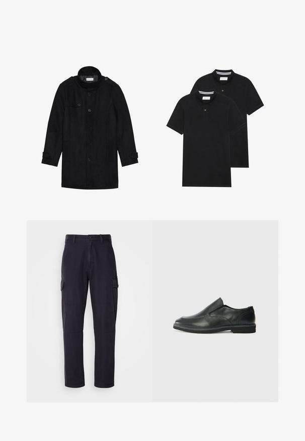 Svart ullfrakk med høy krage, knappet front, to sidelommer og knappeaksenter på ermene. Minimalistisk design og glatt tekstur.; To svarte polo skjorter, kortermet, i bomullsmateriale, med krage i klassisk stil, to-knapps knappestolpe, og hvite striper inni kragen.; Mørkeblå cargo-bukser i bomullsblanding, med sidelommer, rett ben design og synlige sømdetaljer.; Sorte skinn slip-on sko med en jevn overflate, stikking detaljer, rund tå og en lav gummihæl. Sålen har minimal mønstring.