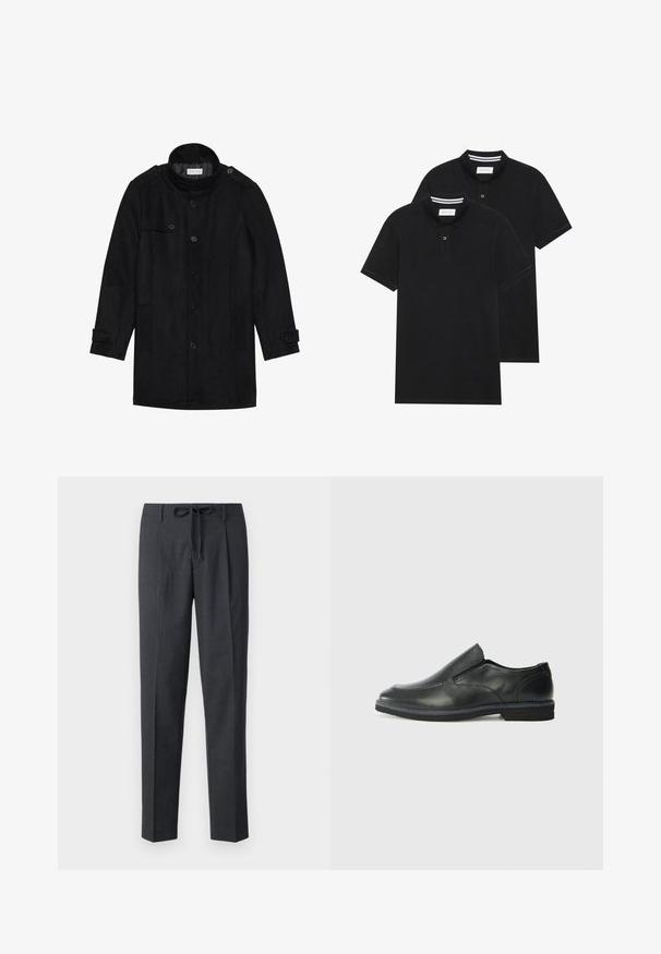 Palton negru din lână cu guler înalt, închidere prin butoane, două buzunare laterale și detalii cu butoane pe mâneci. Design minimalist și textură netedă.; Două tricouri polo negre, cu mânecă scurtă, din material de bumbac, având un guler clasic, deschidere cu două butoane și accente albe cu dungi în interiorul gulerului.; Pantaloni negri închisi, personalizați, cu un model texturat, croi drept și un brâu cu șnur ajustabil. Material neted, cu cusături finisate cu atenție.; Pantof de piele neagră, tip slip-on, cu un superior neted, accente cusute, vârf rotunjit și un toc jos din cauciuc. Talpa are un profil minim de aderență.