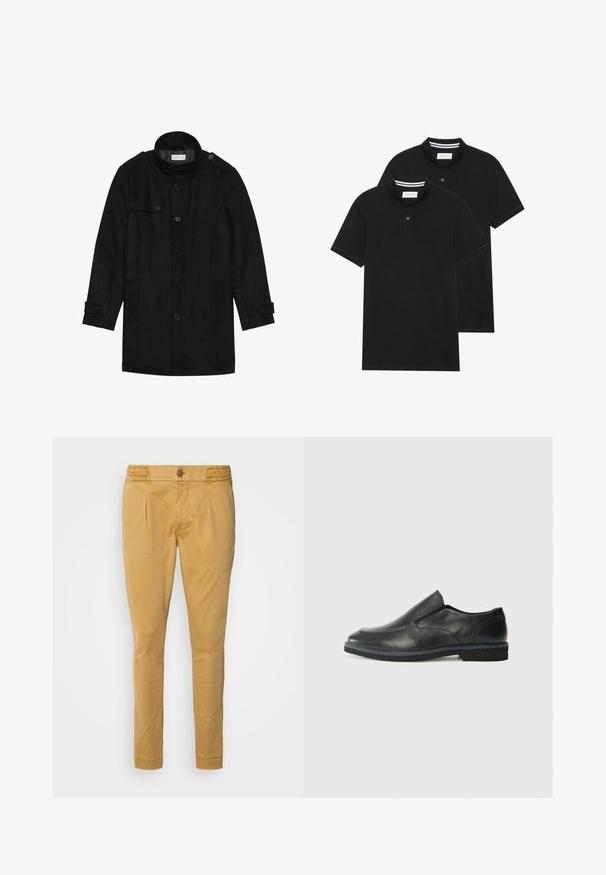 Černý vlněný kabát s vysokým límcem, zapínáním na knoflíky vpředu, dvěma bočními kapsami a knoflíkovými detaily na rukávech. Minimalistický design a hladká textura.; Dvě černé polokošile s krátkým rukávem z bavlny, s klasickým límcem, dvouknoflíkovou légou a bílými pruhovanými akcenty uvnitř límce.; Béžové bavlněné kalhoty s knoflíkovým zapínáním, hladkou texturou, zúženými nohavicemi a předními záhyby. Navrženy pro dobře padnoucí siluetu.; Černá kožená nazouvací bota s hladkým svrškem, prošívanými detaily, zaoblenou špičkou a nízkým gumovým podpatkem. Podešev má minimální vzorek.