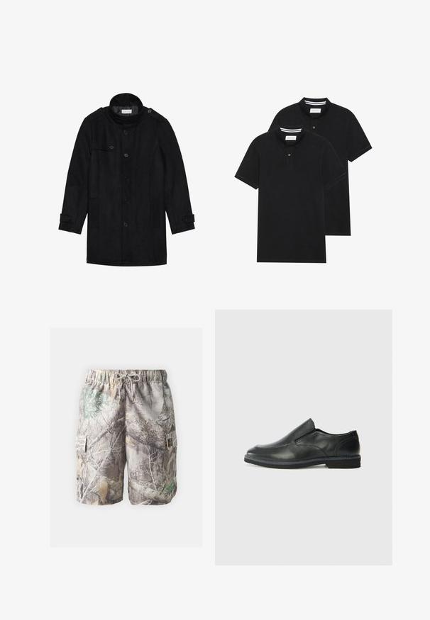 Mustakankaiset villakangas takki korkealla kauluksella, nappikiinnitys edessä, kaksi sivutaskua ja napin koristeet hihoissa. Minimalistinen muotoilu ja sileä tekstuuri.; Kaksi mustaa lyhythihaista poolopaitaa, puuvillamateriaalia, joissa on klassinen kaulus, kahden napin napitus ja valkoiset raidat kauluksen sisällä.; Värikäs kameleontti cargo-shortsit, joissa on kevyt materiaali, säädettävä nyörivyö, sivutaskut ja sekoitus maanläheisiä värejä sekä kuvioita.; Musta nahkainen liukujalkine, jossa on sileä pinta, ommeltuja yksityiskohtia, pyöristetty kärki ja matala kumipohja. Pohjassa on minimaalinen pito.