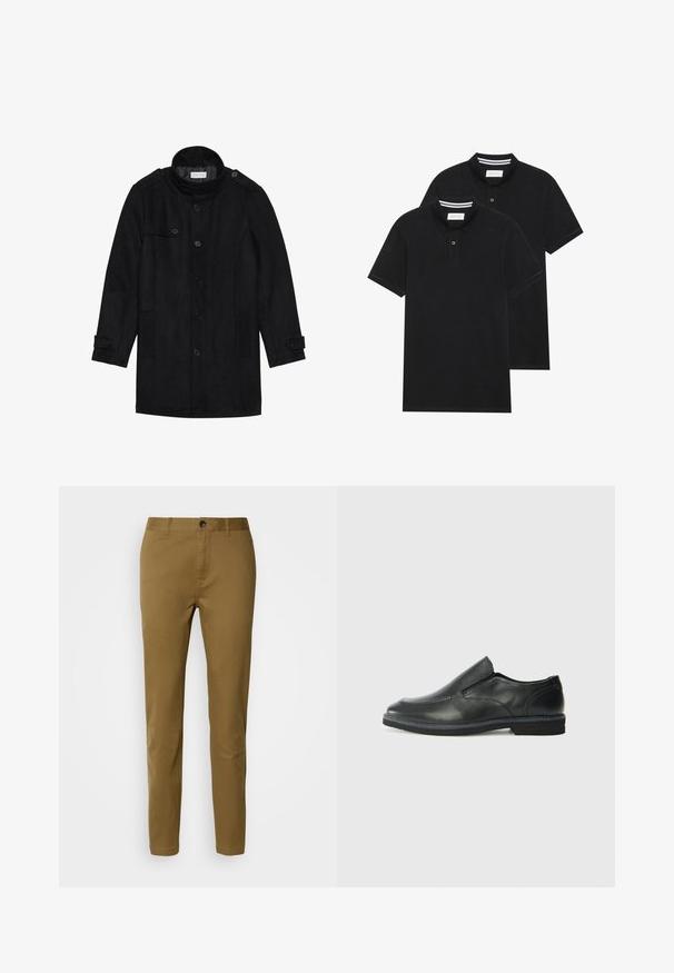 Čierny vlnený kabát s vysokým golierom, zapínaním na gombíky vpredu, dvoma bočnými vreckami a gombíkovými detailmi na rukávoch. Minimalistický dizajn a hladká textúra.; Dvé čierne polo tričká, krátke rukávy, vyrobené z bavlny, s klasickým golierom, dvojitým gombíkom a bielymi pruhmi vo vnútri goliera.; Hnedé bavlnené nohavice so strihom rovného strihu, s gombíkovým zapínaním a pútka na opasok, hladká textura a žiadne viditeľné vzory ani akcenty.; Čierny kožený nazúvací topánka s hladkým zvrškom, prešitými akcentmi, zaoblenou špičkou a nízkym gumovým podpätkom. Podošva má minimálny dezén.